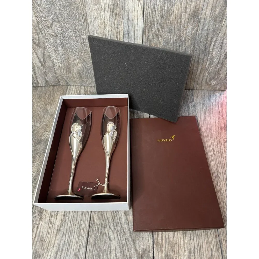 NEW PAPYRUS Champagne His and Hers Double Heart Toasting Glass Flutes